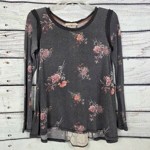 Rewind Charcoal Floral Lace Back Long Sleeve Top Small